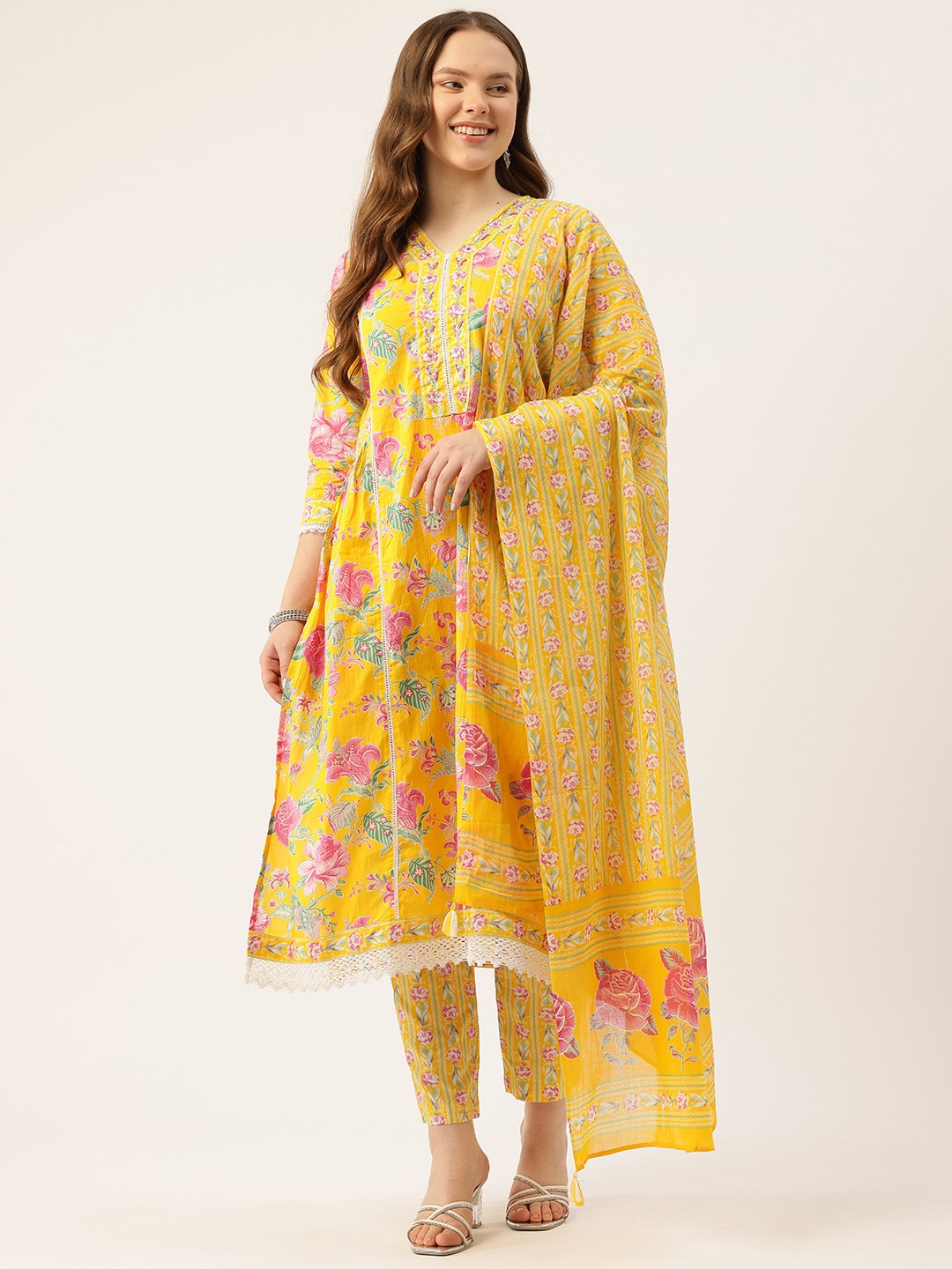

FERANOID Floral Printed Panelled Mirror Work Pure Cotton Kurta with Trousers & Dupatta, Yellow