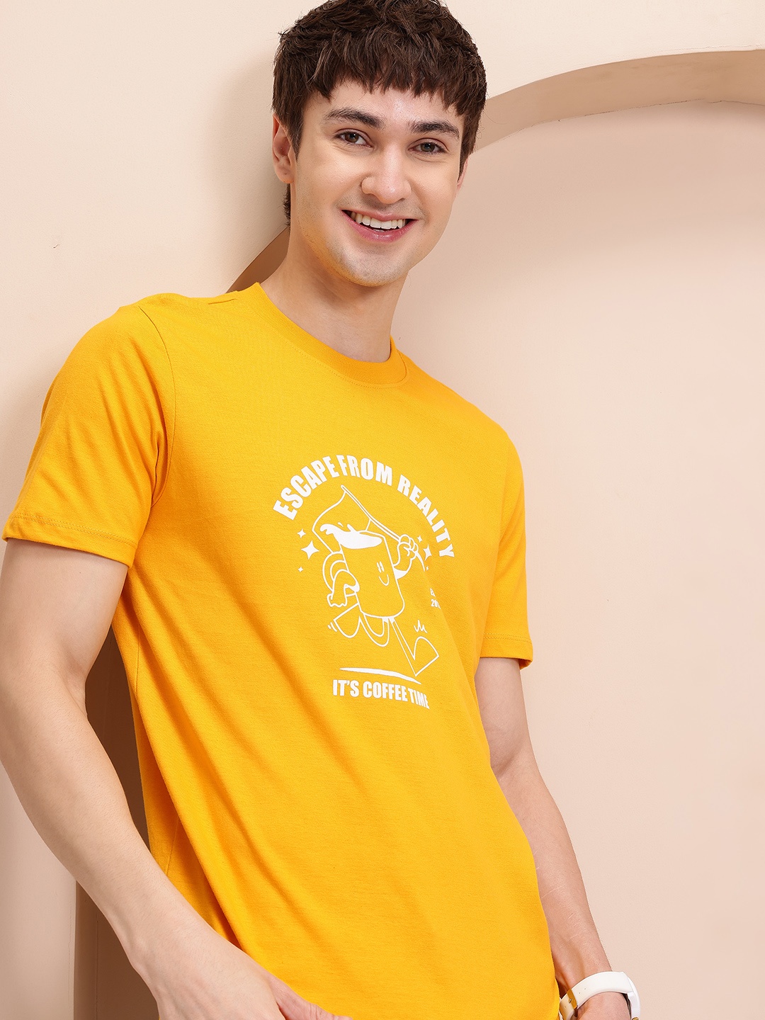 

Mast & Harbour Men Typography Printed Pure Cotton T-shirt, Mustard