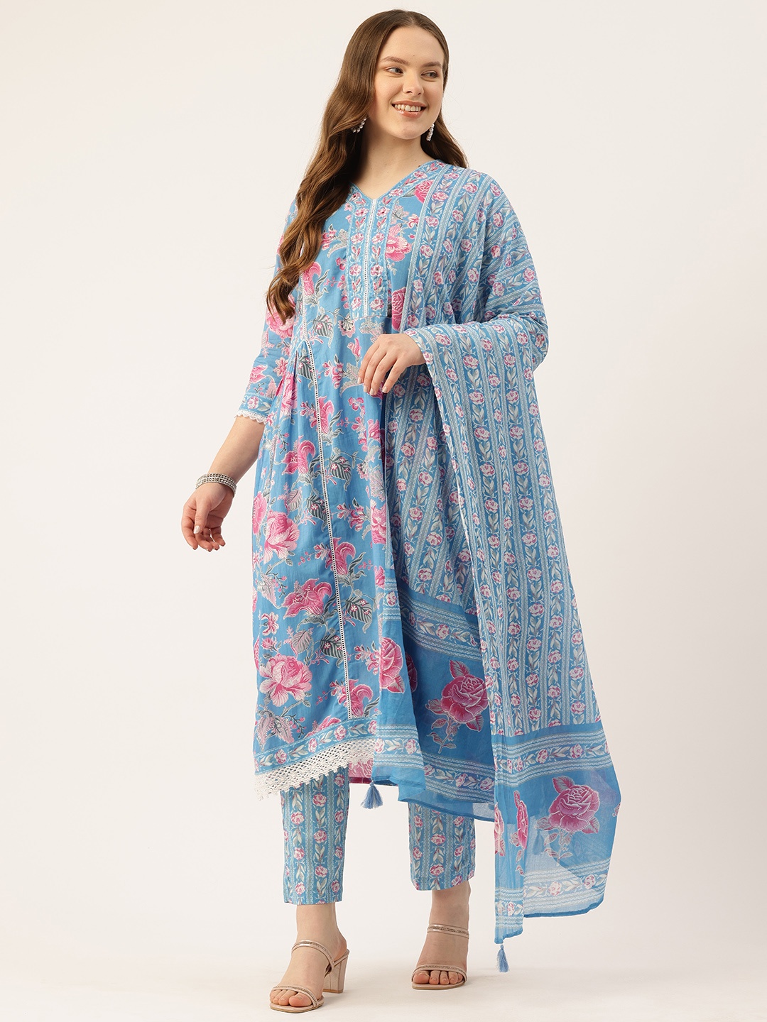 

FERANOID Floral Printed Panelled Mirror Work Pure Cotton Kurta with Trousers & Dupatta, Blue