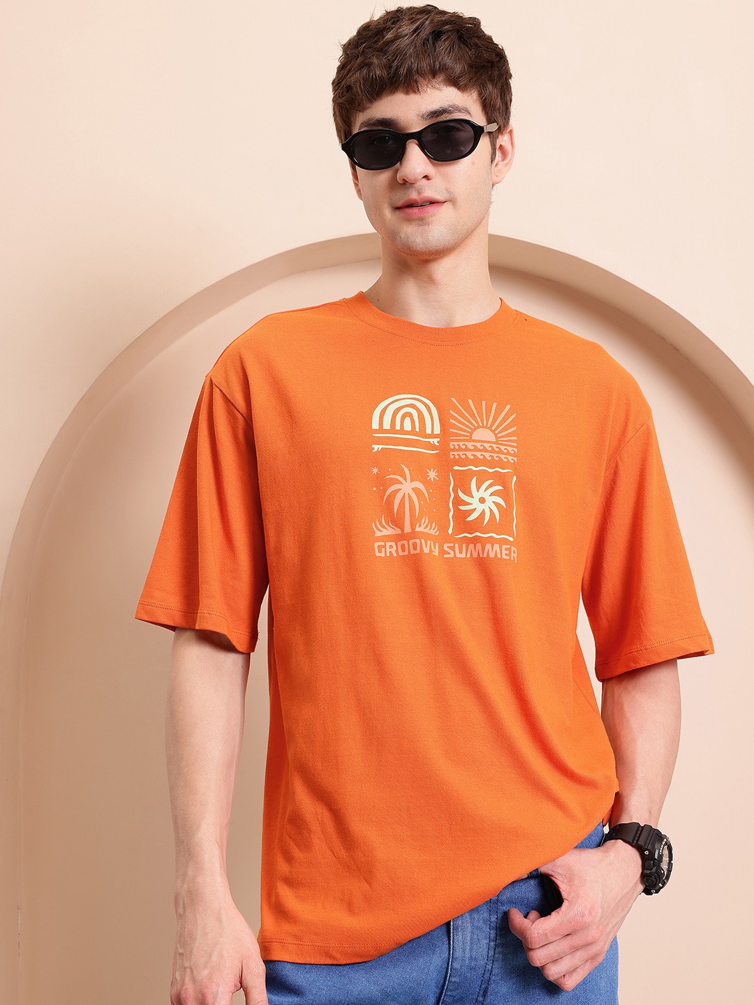 

Mast & Harbour Printed Drop-Shoulder Sleeves Pure Cotton T-shirt, Orange