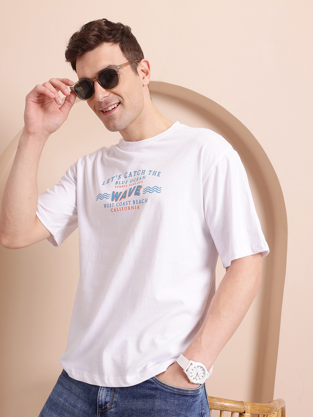 

Mast & Harbour Printed Drop-Shoulder Sleeves Pure Cotton T-shirt, White