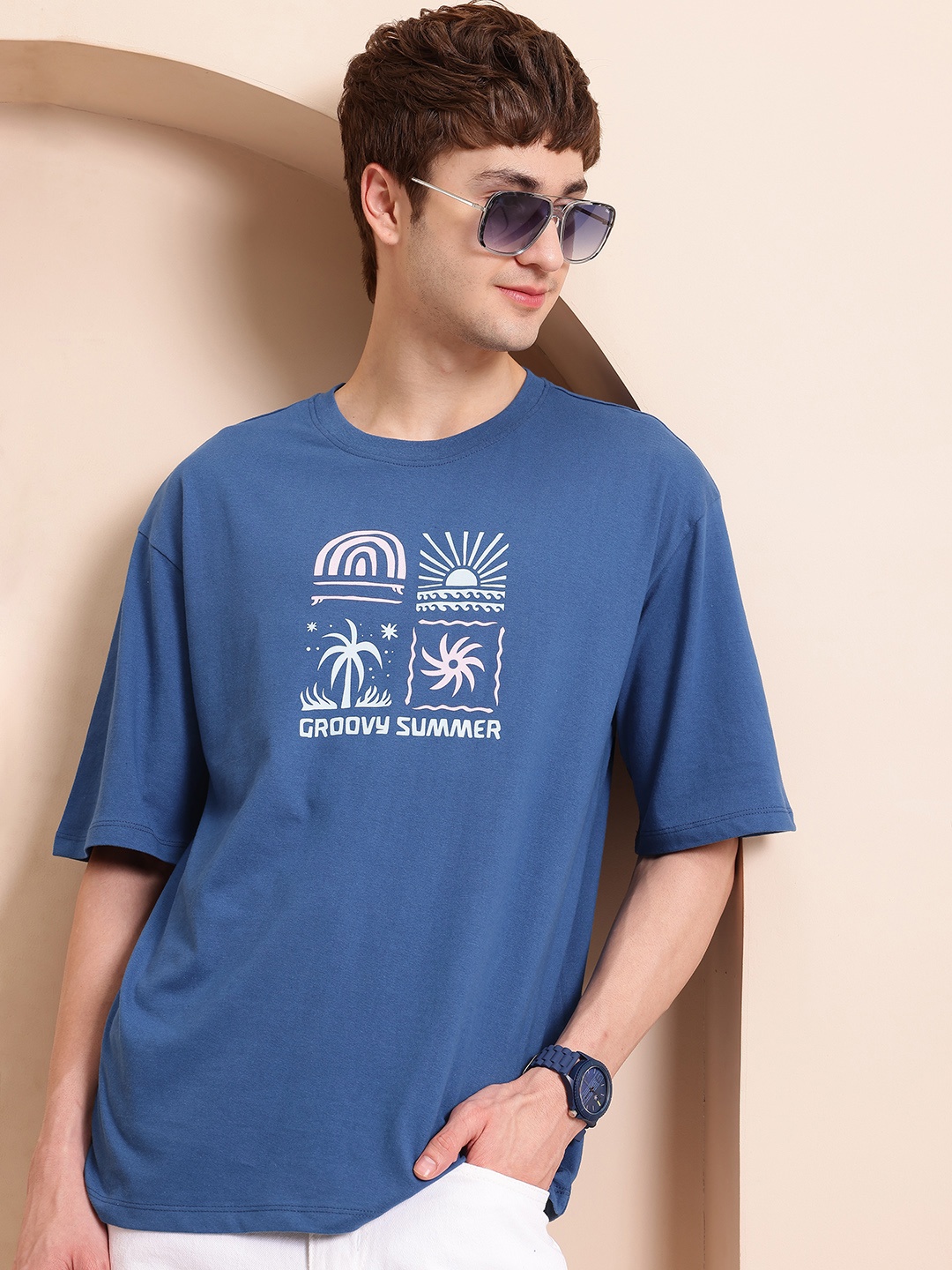 

Mast & Harbour Printed Drop-Shoulder Sleeves Pure Cotton T-shirt, Blue