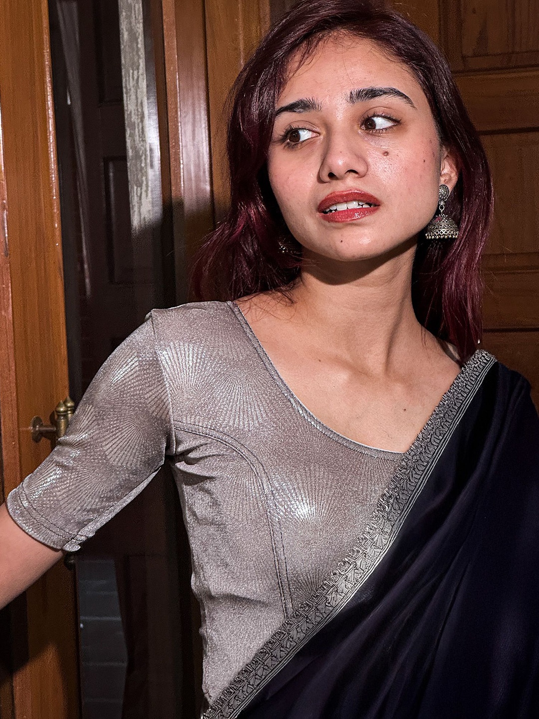

Bindigasm's Advi Women Shimmering Stretchable Saree Blouse, Grey