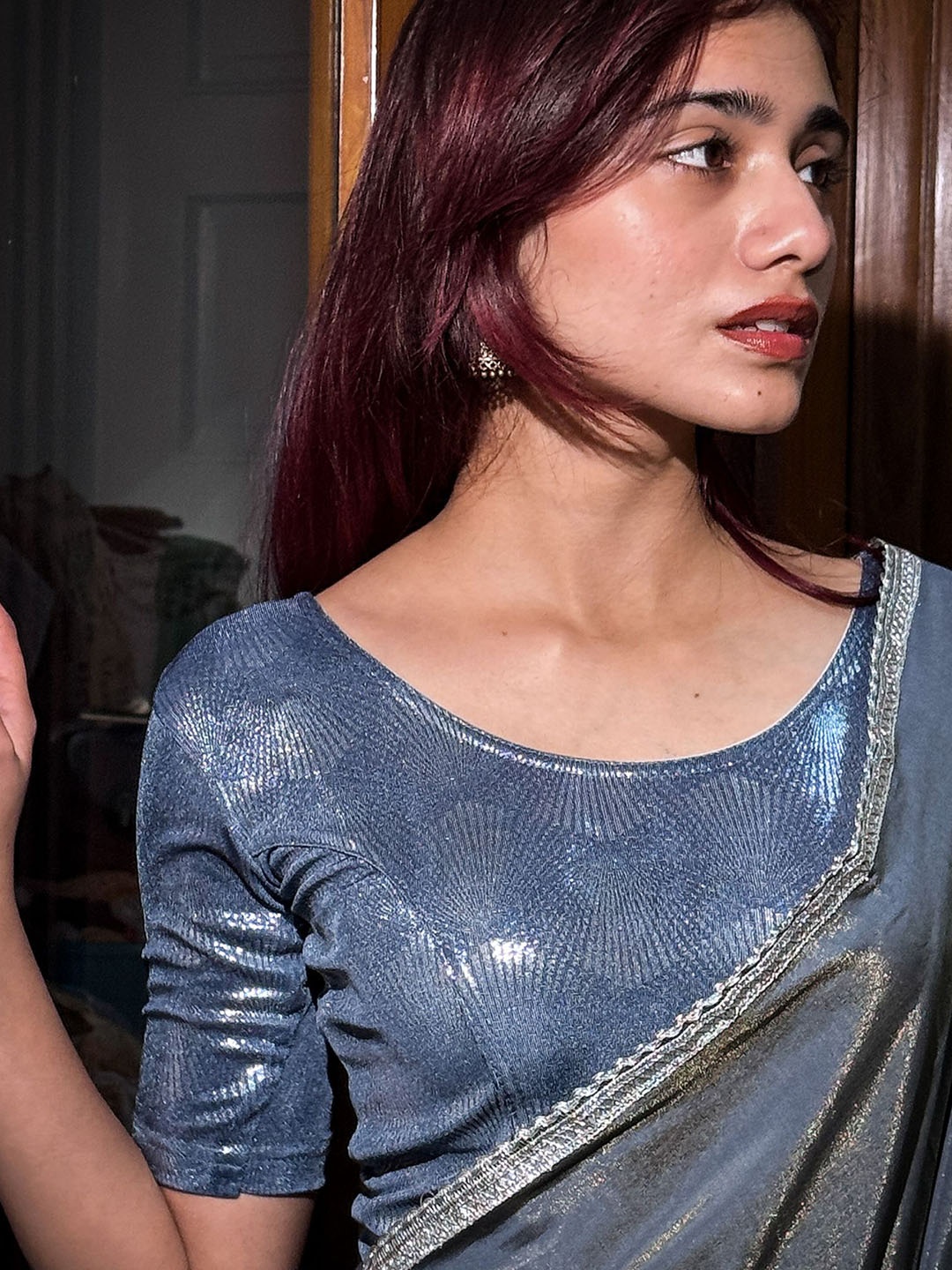 

Bindigasm's Advi Women Shimmering Stretchable Saree Blouse, Blue