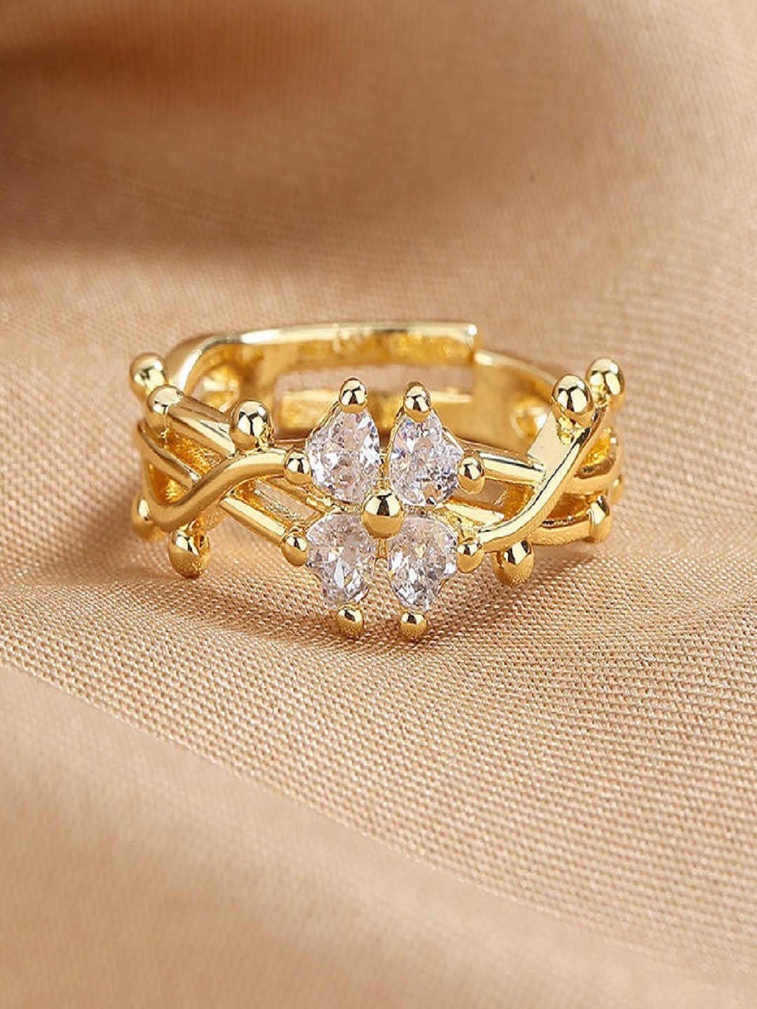 

ISHKAARA Gold-Plated Stone Studded Petal Promise Finger Ring