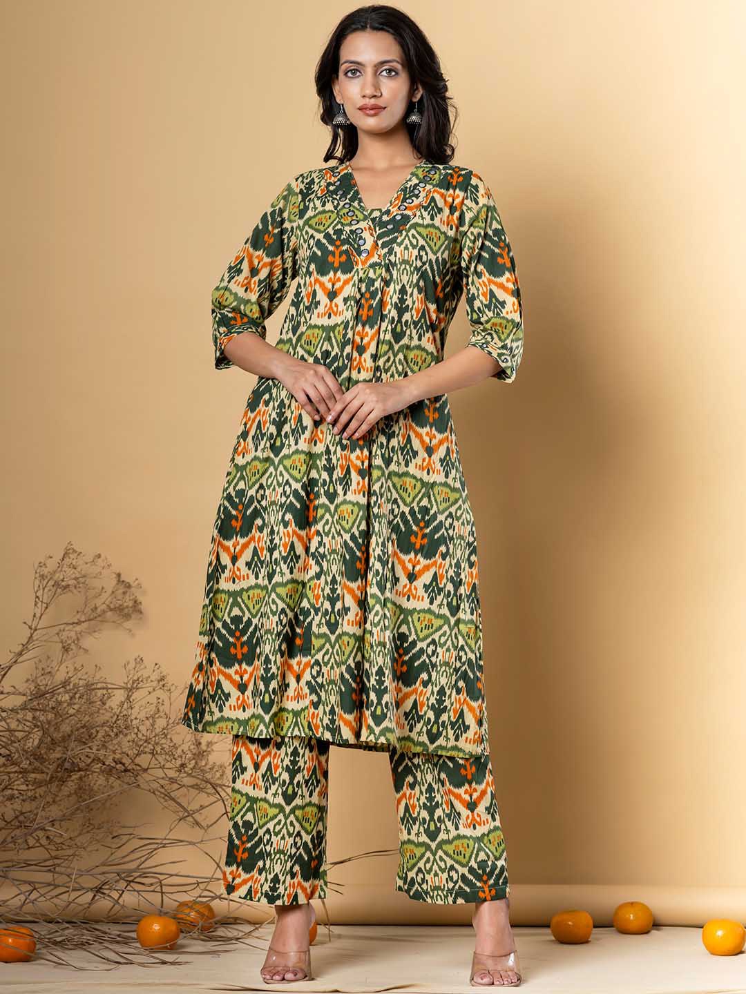 

Readiprint Floral Printed Pleated V-Neck Pure Cotton A-Line Kurta With Trousers, Green