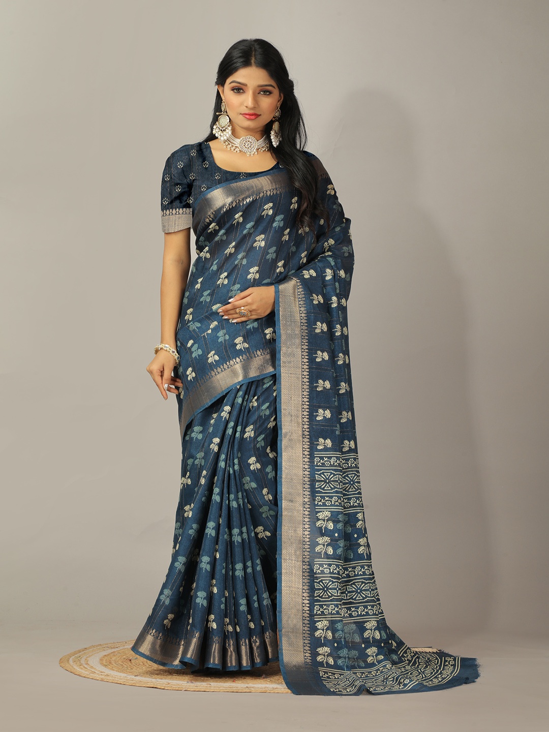 

NIRMAL CREATION Ethnic Motifs Printed Zari Pure Georgette Saree, Navy blue
