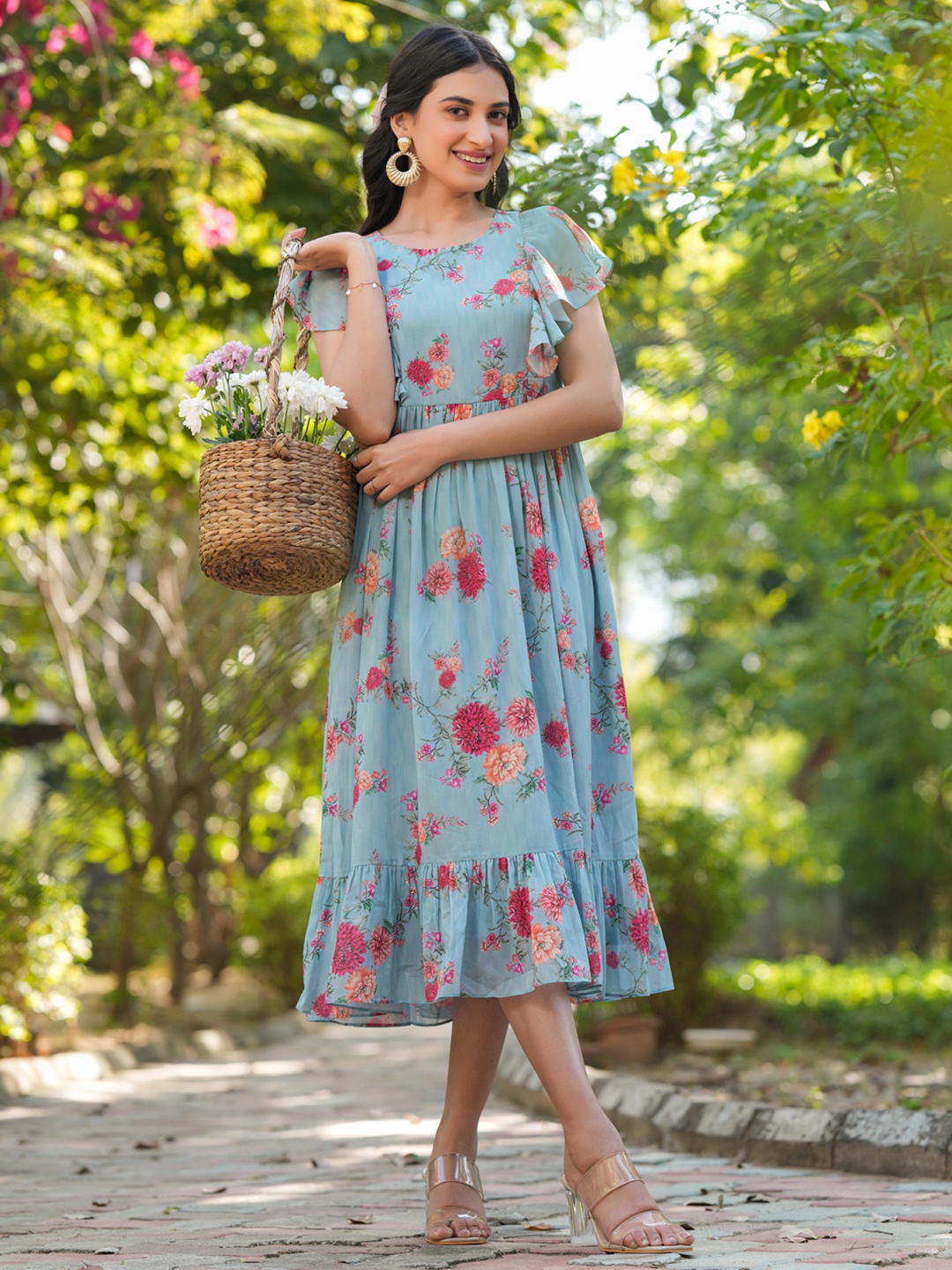 

Janasya Women Light Blue Georgette Floral Printed Tiered Dress