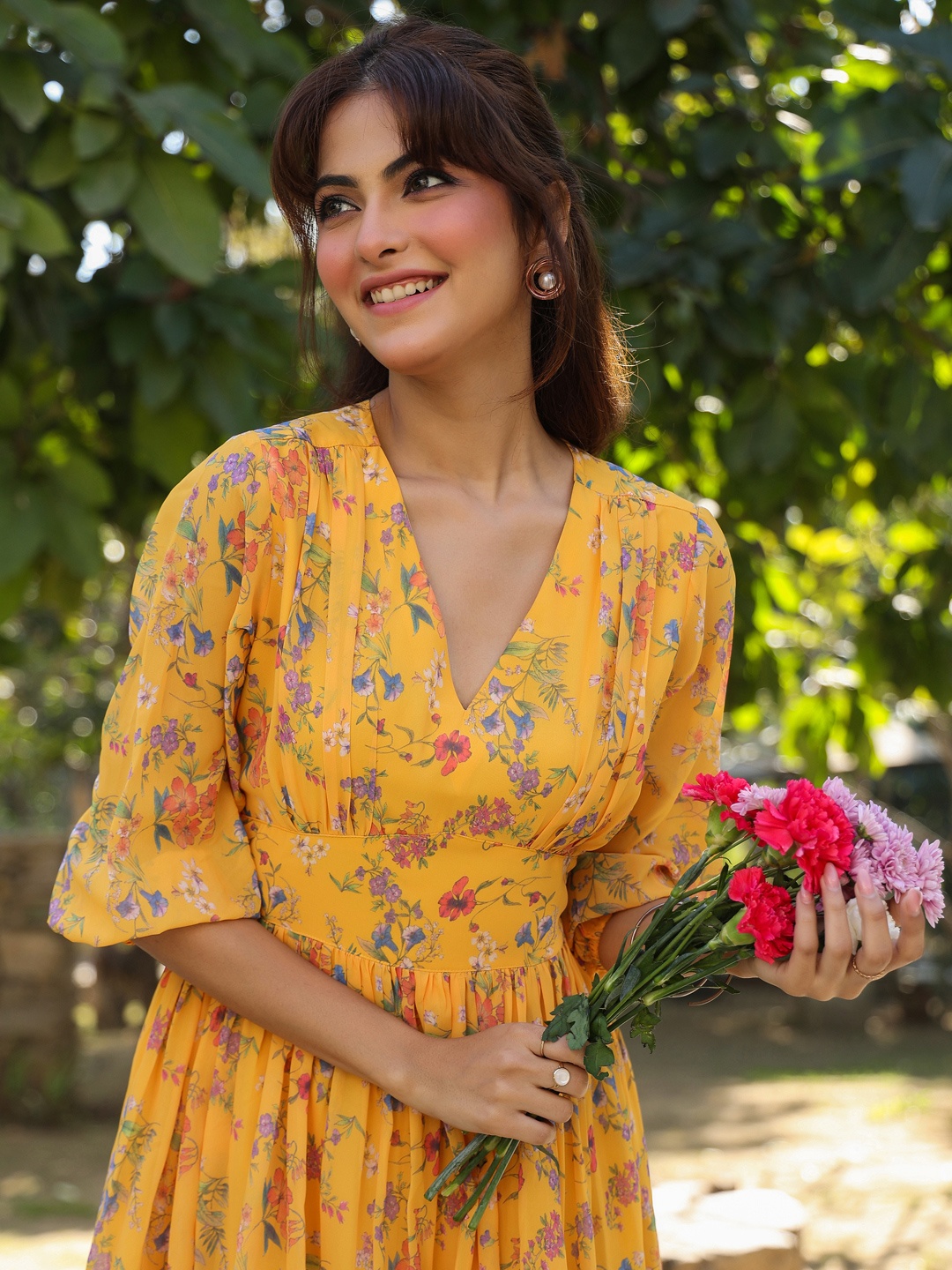 Janasya Women's Mustard Georgette Floral Printed Gathered Dress