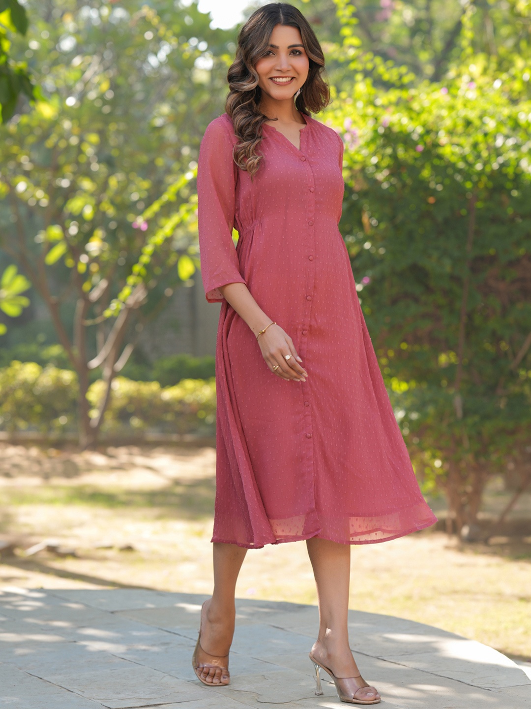 

Janasya Women's Mauve Dobby Chiffon Self Design A-Line Dress