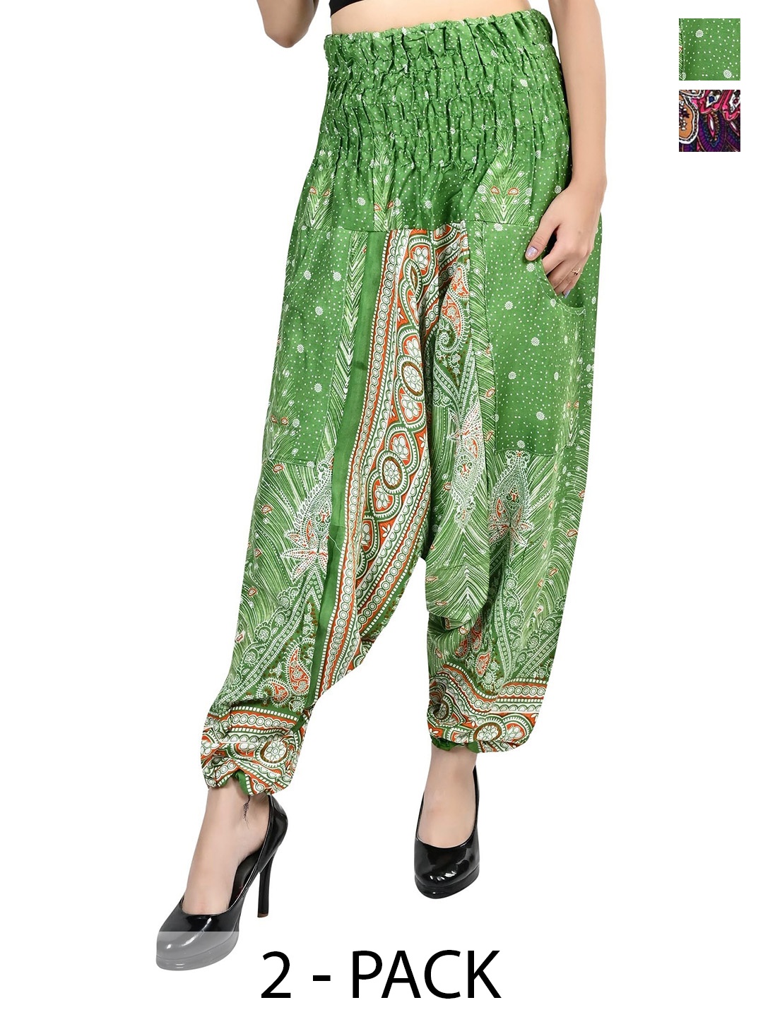 

NarNari Women Pack Of 2 Printed Mid-Rise Harem Pants, Green