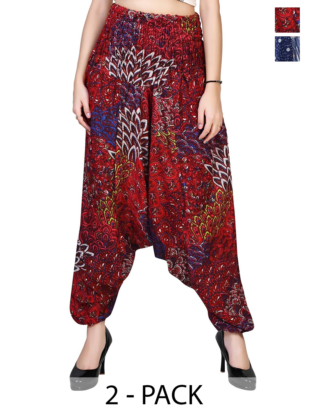 

NarNari Women Pack Of 2 Printed Harem Pants, Red