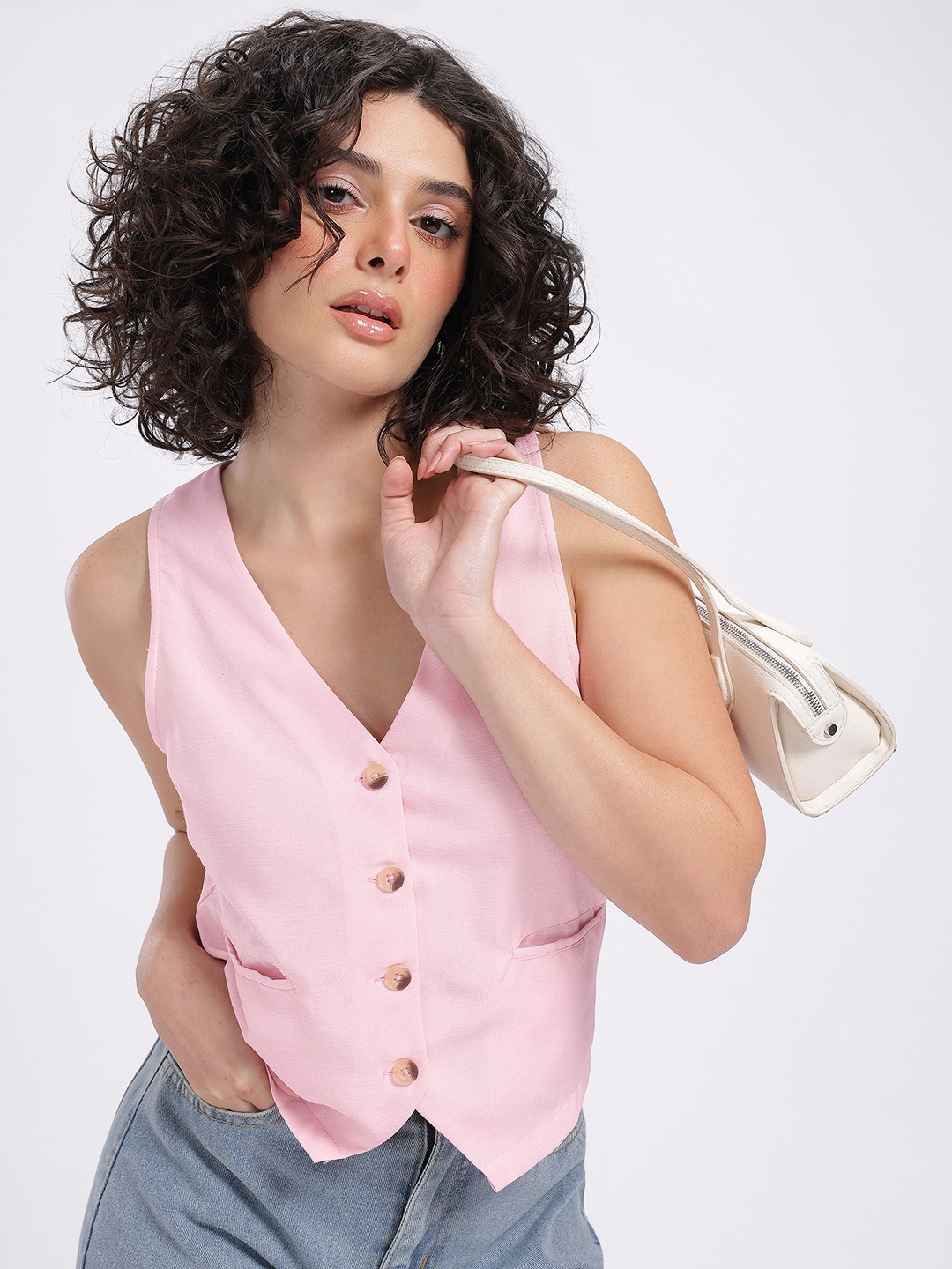 

glitchez Rose Rules V-Neck Waistcoat Style Top, Pink