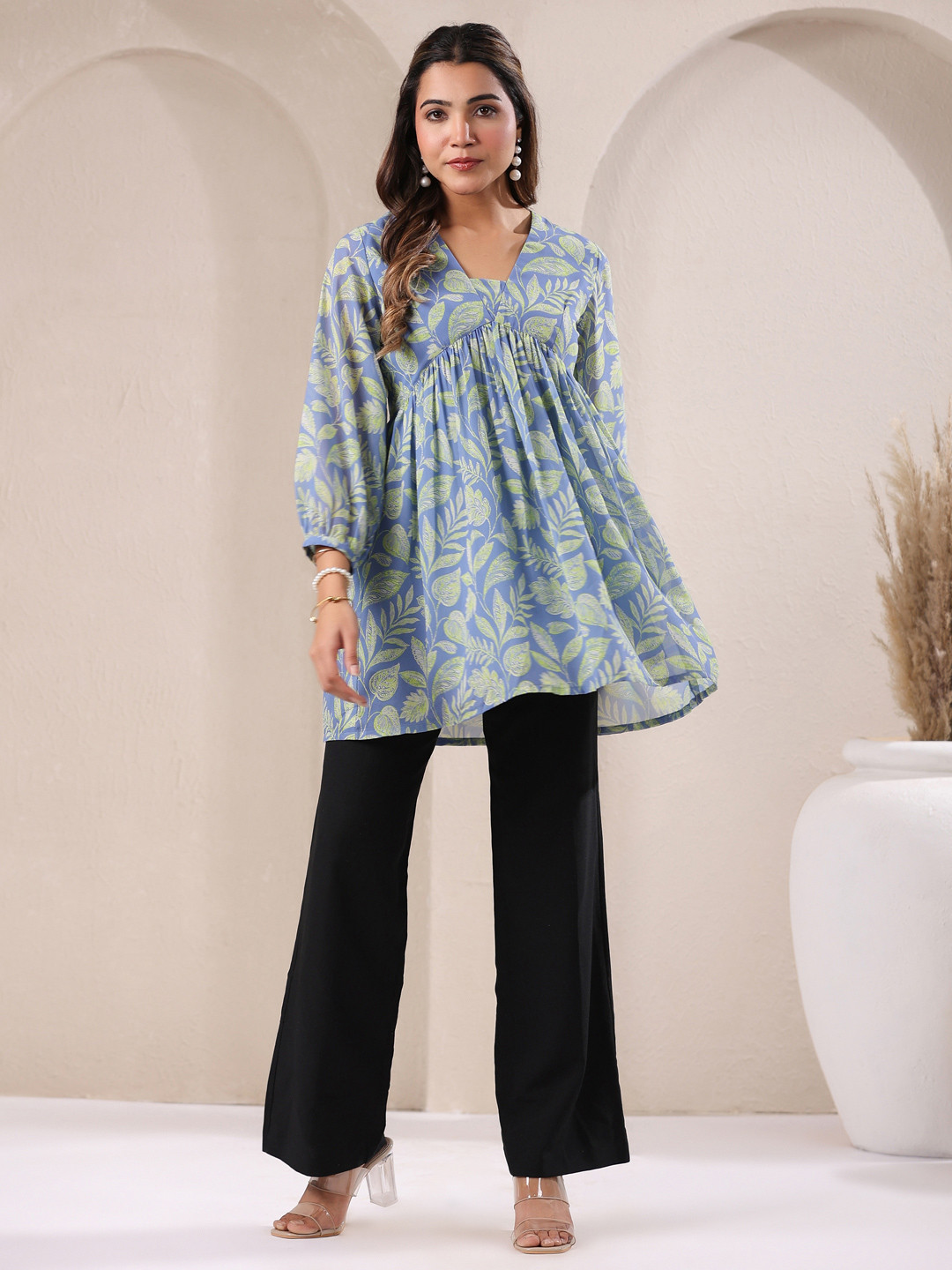 

Janasya Women's Light Blue Georgette Tropical Printed A-Line Tunic