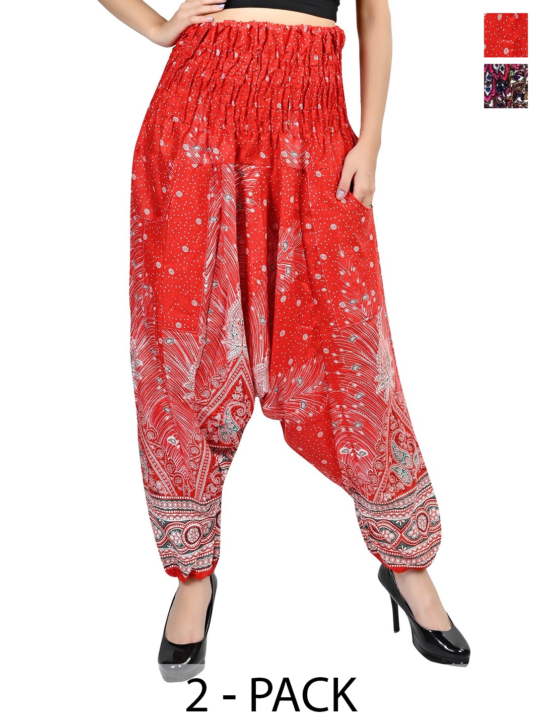

NarNari Women Pack of 2 Printed Loose Fit High-Rise Harem Pants, Red