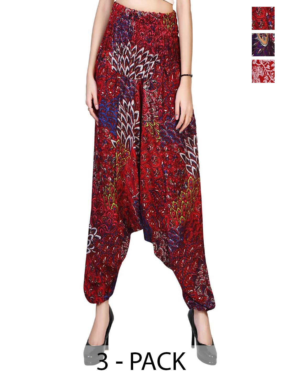 

NarNari Women Pack Of 3 Printed Harem Pants, Red