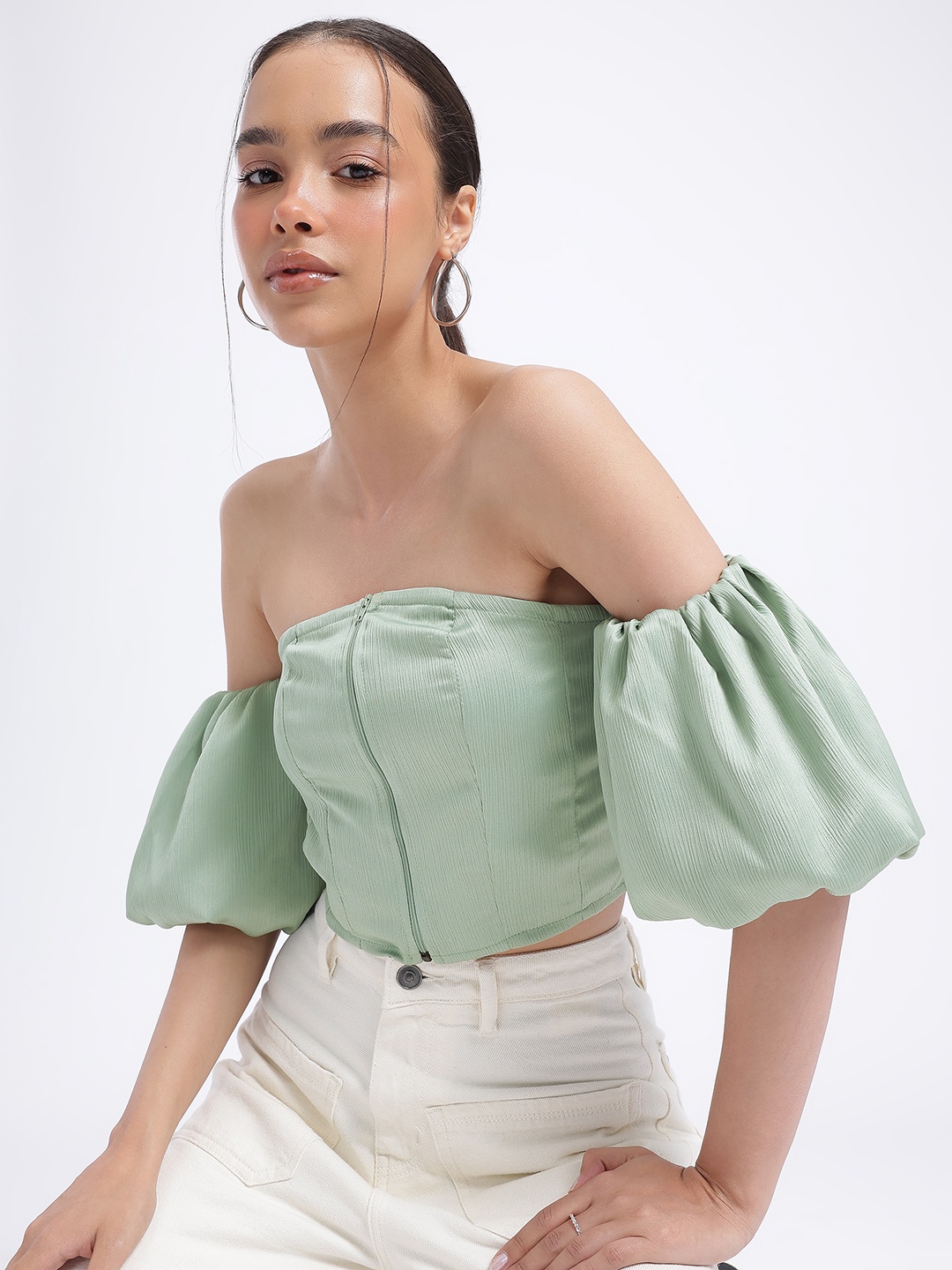 

glitchez Princess Perfect Off-Shoulder Crinkled Crop Top, Sea green