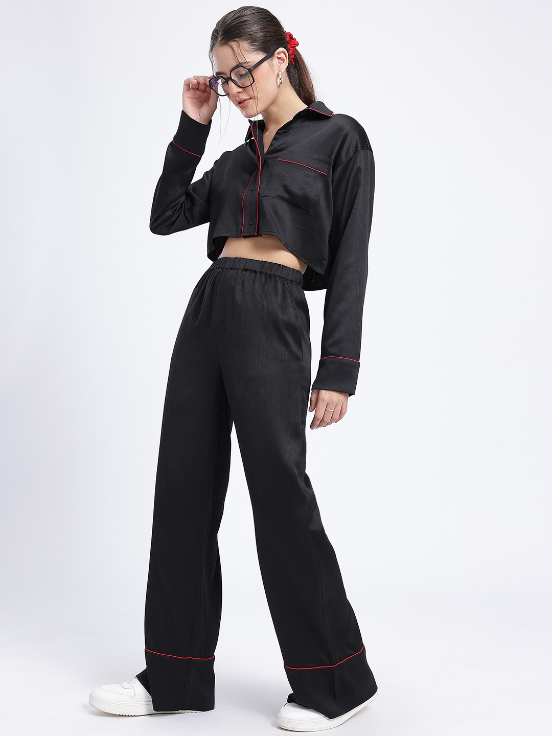 

glitchez Crinkled Chic Oversize Co-Ords with Scrunchie, Black