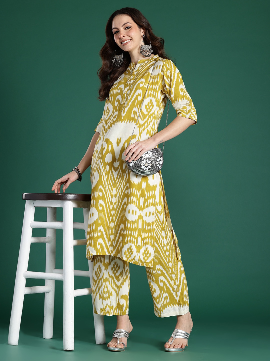 

Indo Era Women Printed Kurta with Palazzos, Mustard