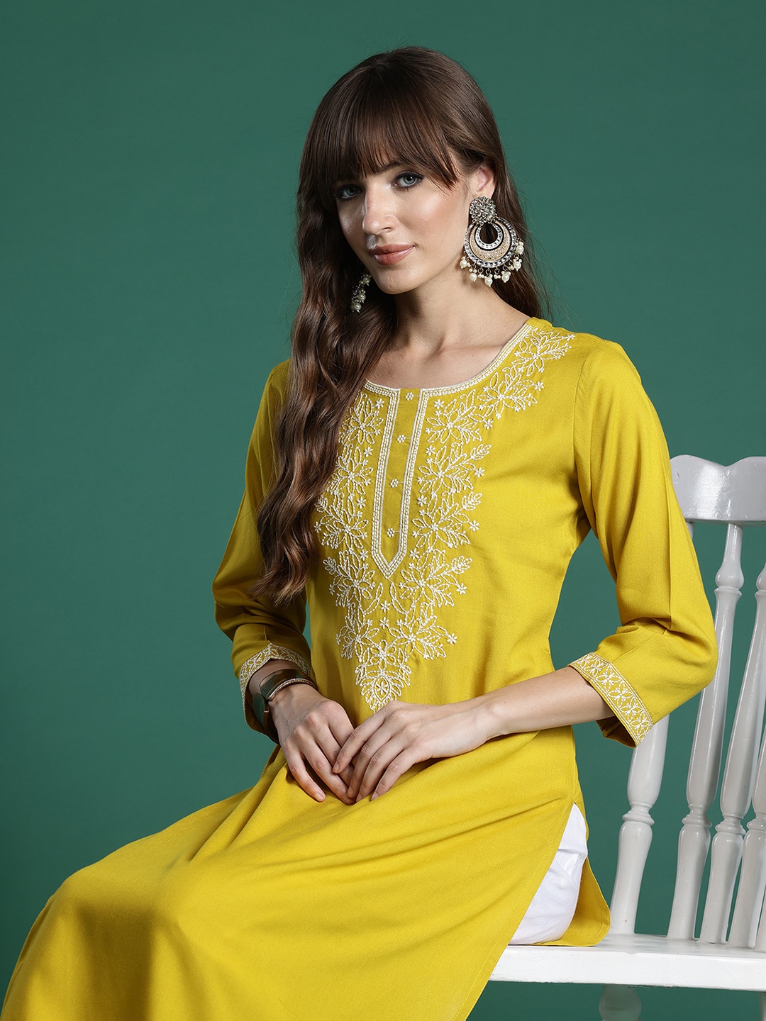 

Indo Era Floral Embroidered Thread Work Kurta, Mustard