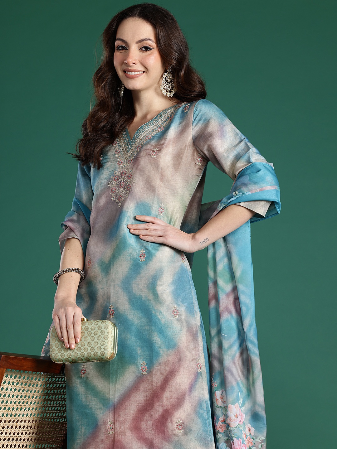 

Indo Era Floral Embroidered Sequinned Kurta with Trousers & With Dupatta, Blue