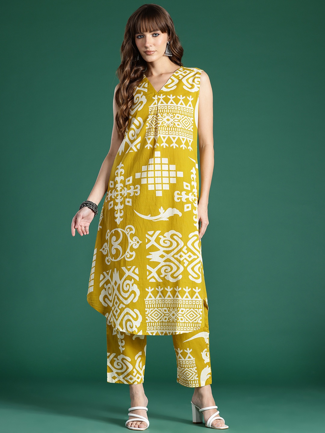 

Indo Era Tribal Printed Pure Cotton Kurta with Trousers, Mustard