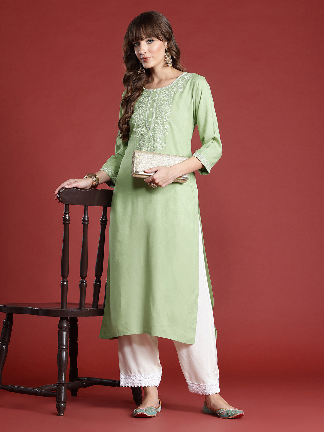 

Indo Era Floral Embroidered Thread Work Kurta, Green