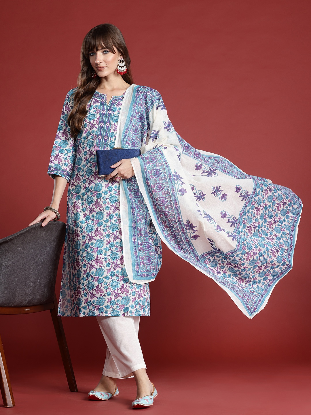 

Indo Era Floral Printed Pure Cotton Kurta with Trousers & With Dupatta, Off white