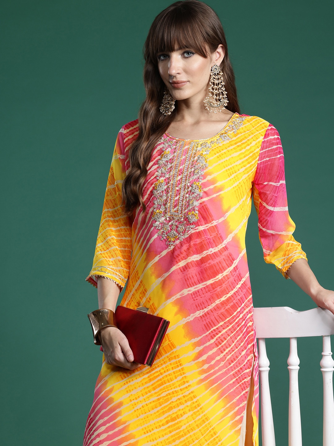 

Indo Era Leheriya Embroidered Georgette Kurta, Yellow