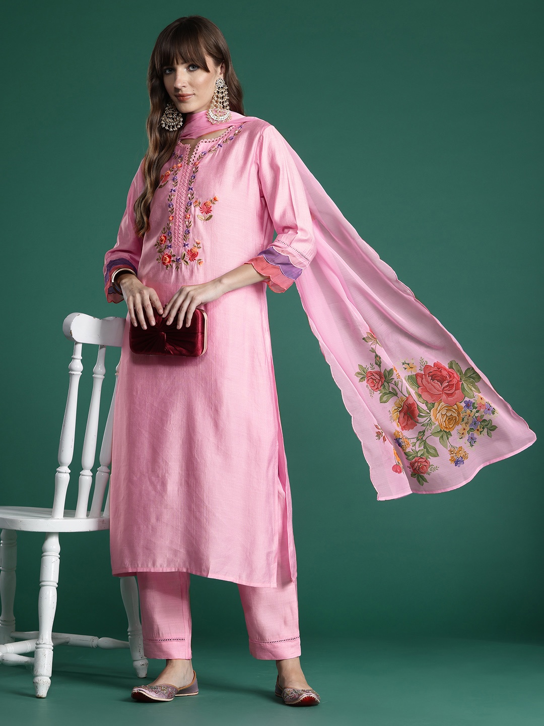 

Indo Era Floral Embroidered Thread Work Kurta with Trousers & With Dupatta, Pink
