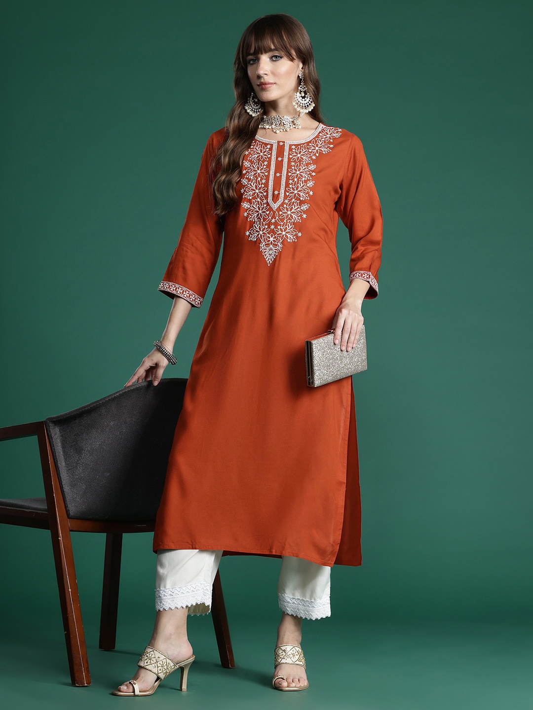 

Indo Era Floral Embroidered Thread Work Kurta, Rust