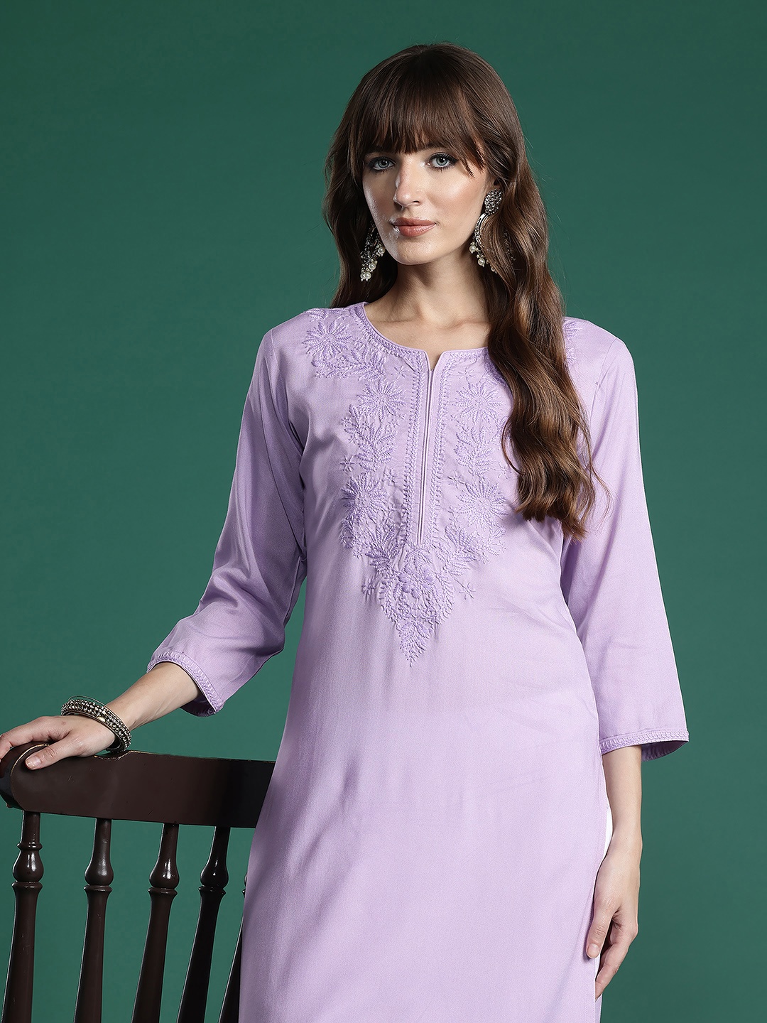 

Indo Era Floral Embroidered Thread Work Kurta, Lavender