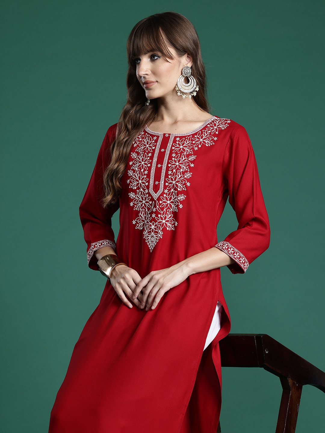 

Indo Era Floral Embroidered Thread Work Kurta, Maroon