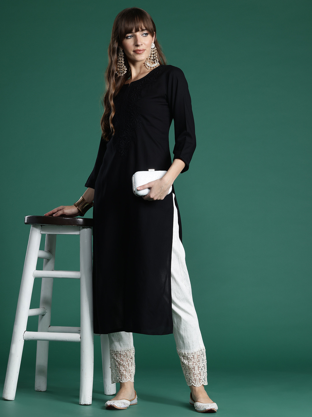 

Indo Era Floral Embroidered Thread Work Kurta, Black