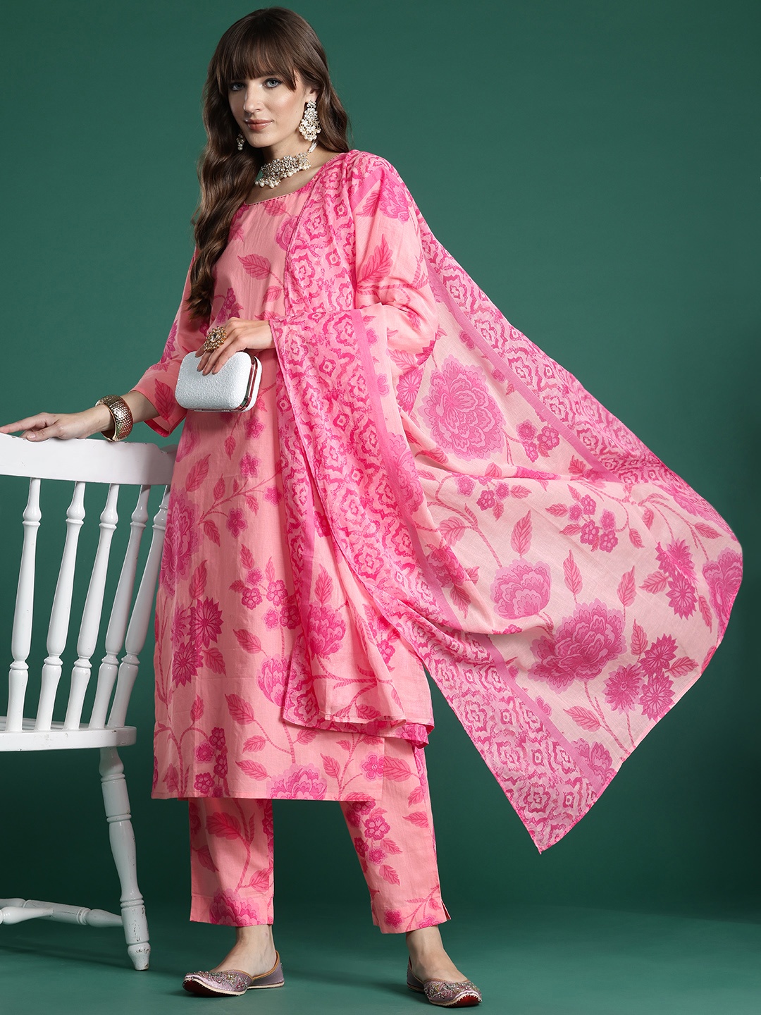 

Indo Era Floral Printed Pure Cotton Kurta with Trousers & With Dupatta, Peach
