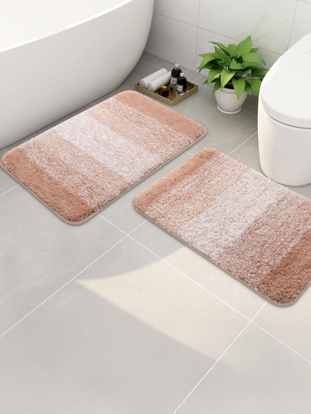 

MAA HOME CONCEPT Black & White 2 Pieces Striped Microfiber 1500 GSM Anti Skid Bath Rugs, Beige