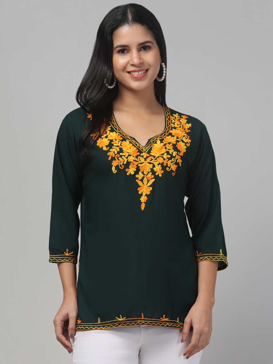 

Trend Level Women Floral Embroidered Kurti, Green