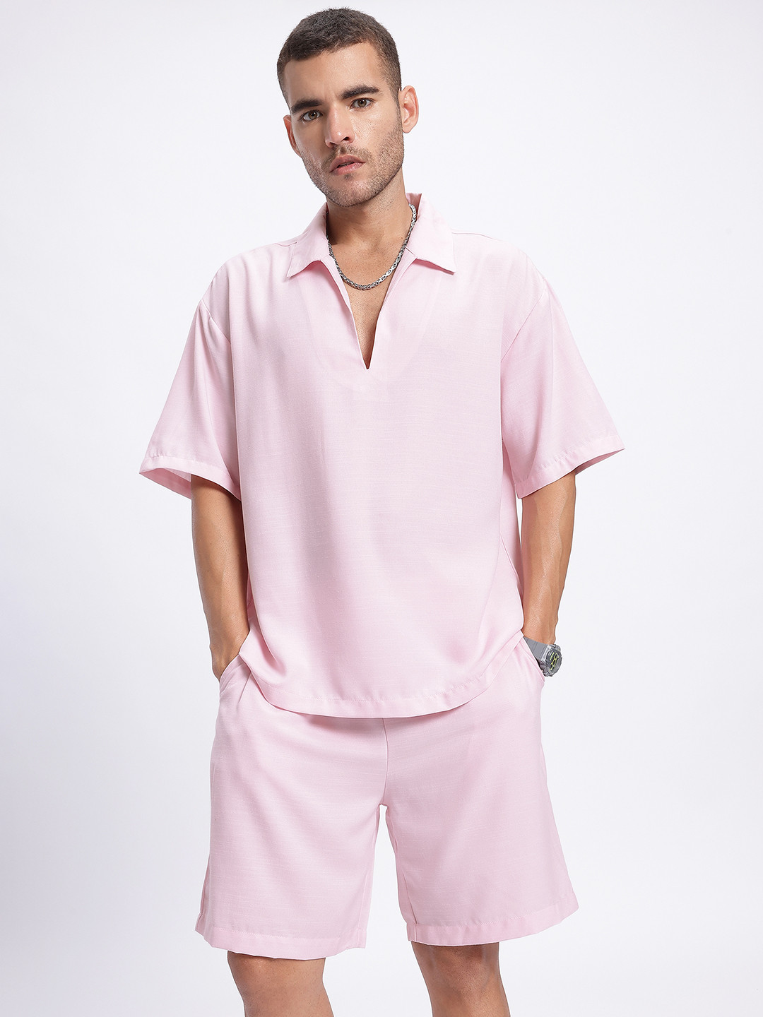 

glitchez Summery Vibes Drop-Shoulder Sleeves Oversized Fit Polo Collar T-shirt with Shorts, Pink