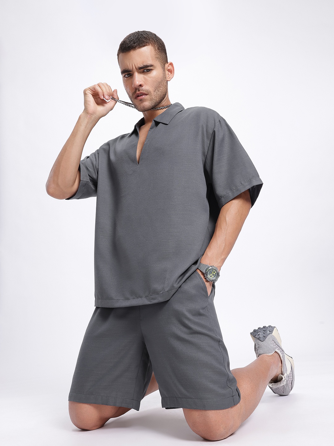 

glitchez Oversized Fun Drop-Shoulder Sleeves Polo Collar T-shirt & Shorts, Grey