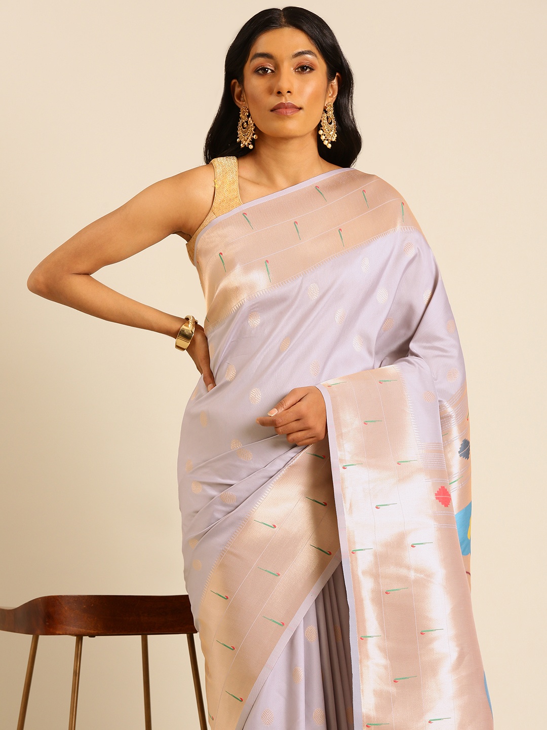 

Mitera Ethnic Motifs Woven Design Zari Paithani Saree, Grey