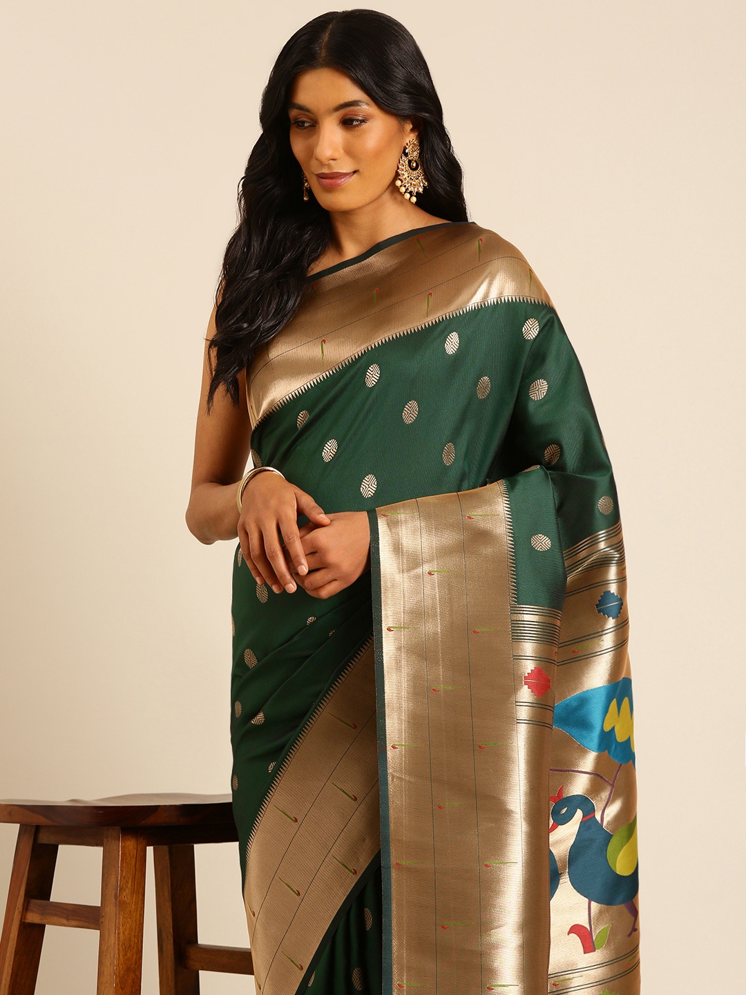 

Mitera Ethnic Motifs Woven Design Zari Paithani Saree, Green