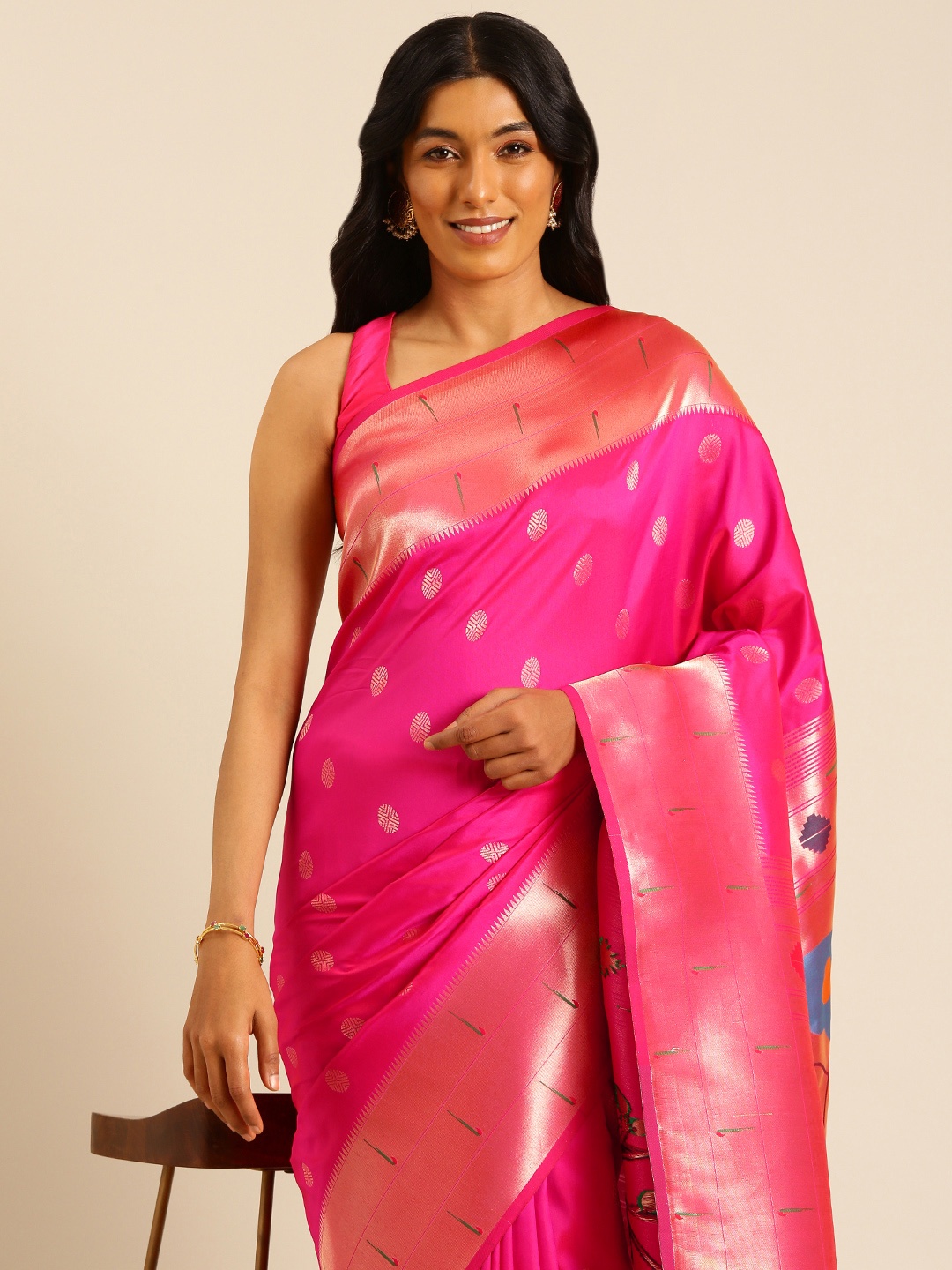 

Mitera Ethnic Motifs Woven Design Zari Paithani Saree, Pink