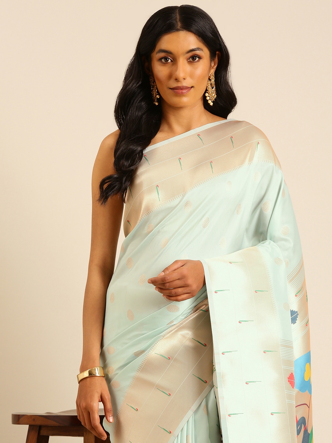 

Mitera Ethnic Motifs Woven Design Zari Paithani Saree, Sea green