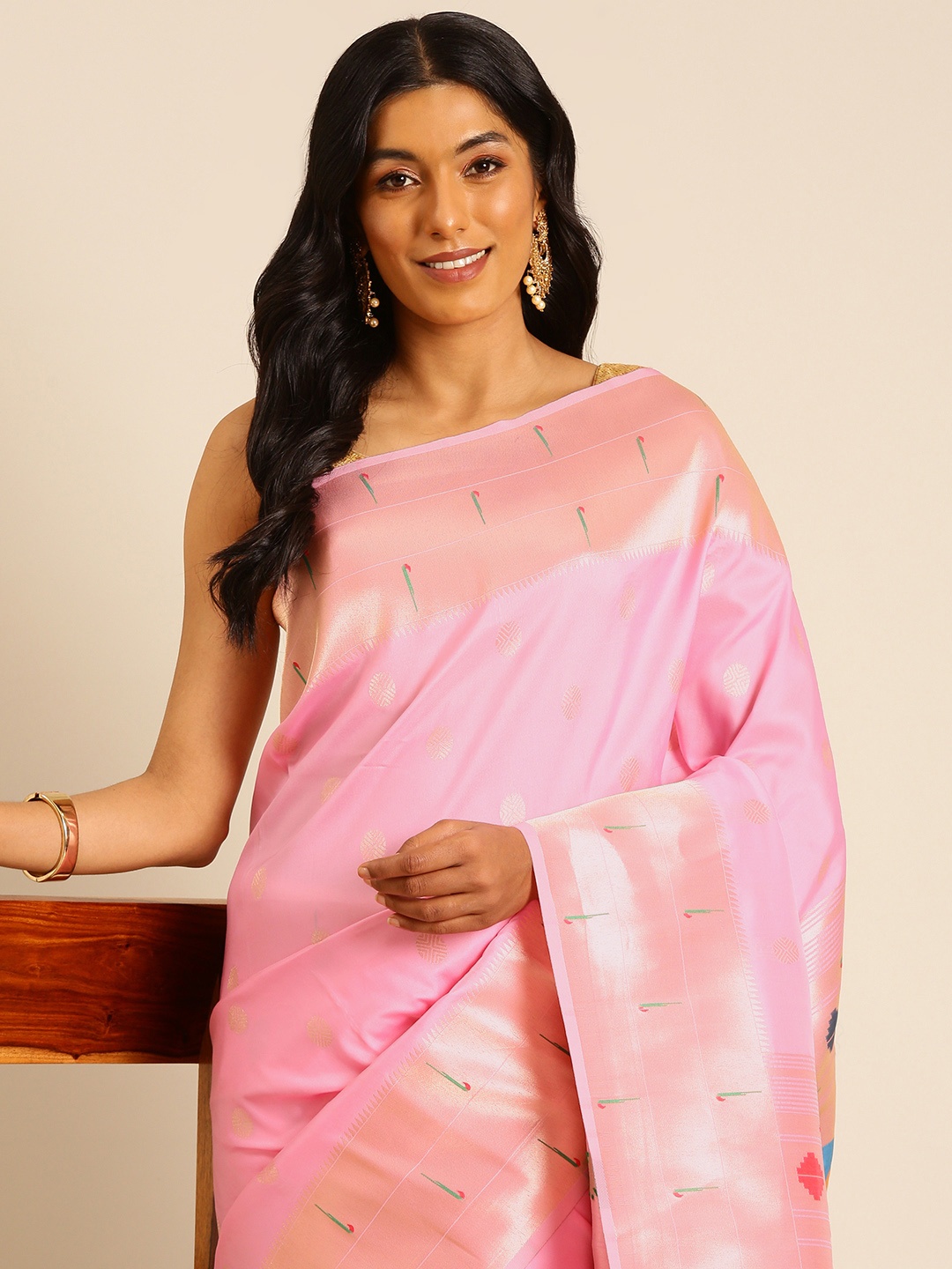 

Mitera Ethnic Motifs Woven Design Zari Paithani Saree, Pink