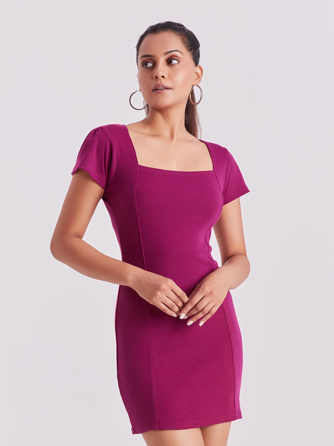 

BerryBird Puff Sleeve Bodycon Mini Dress, Purple