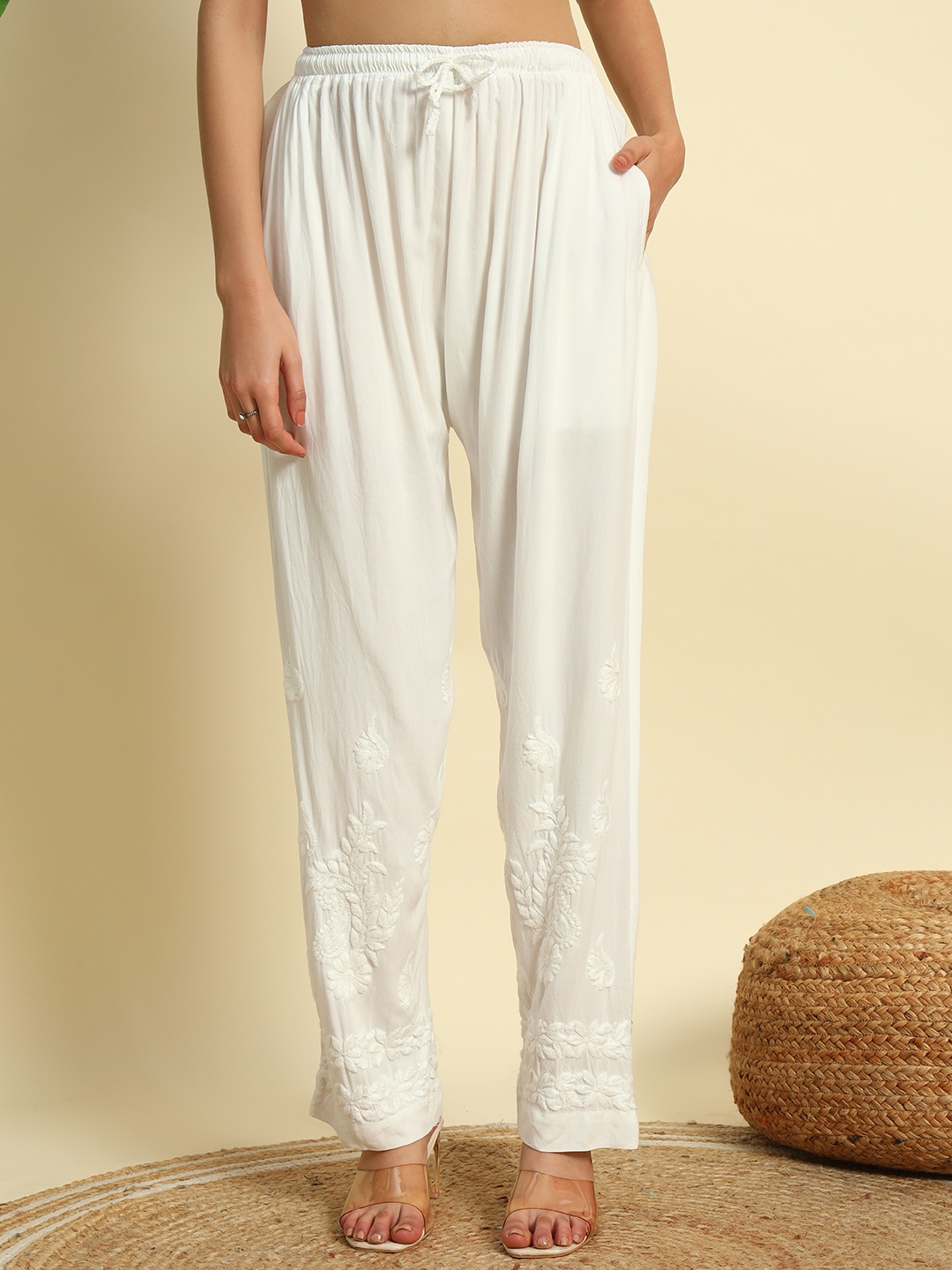 

Fashionable Chikan Handikraft Women Floral Embroidered Knitted Palazzos, White