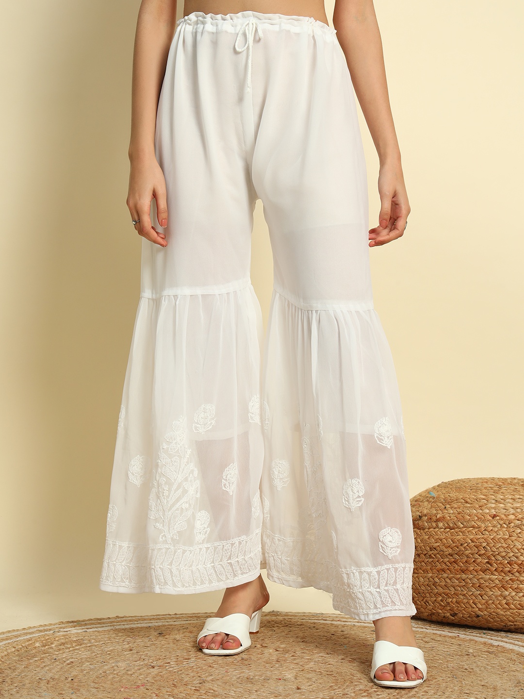 

Fashionable Chikan Handikraft Women Floral Embroidered Knitted Palazzos, Off white