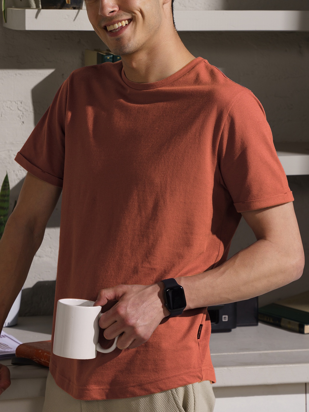 

DAMENSCH Men Solid Round Neck Cotton T-shirt, Rust