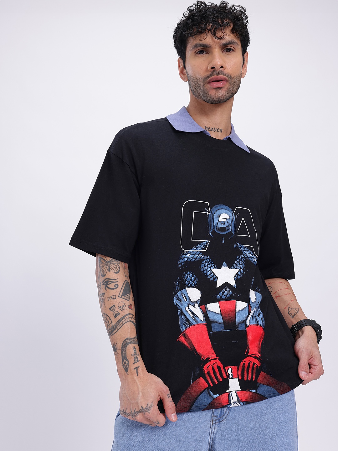 

glitchez Oversize Drip Captain America Print T-shirt, Black