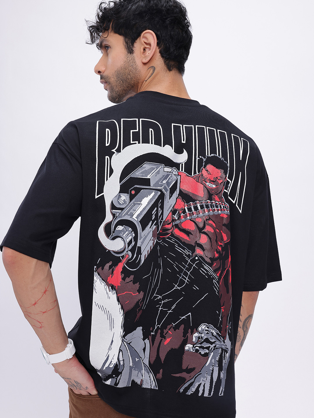

glitchez Comic Clash Red Hulk Print Oversize T-shirt, Black
